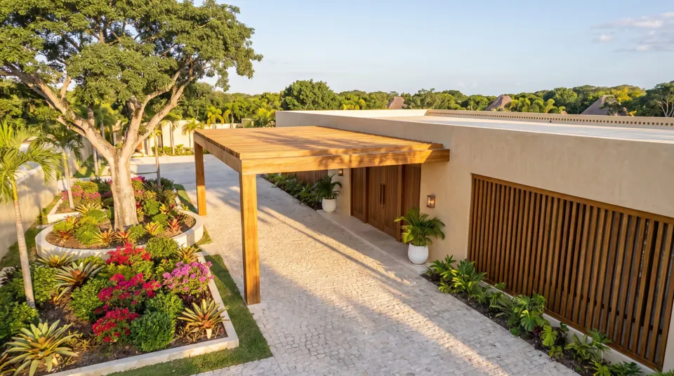 Pérgola de tzalam en el acceso a la Casa Maya