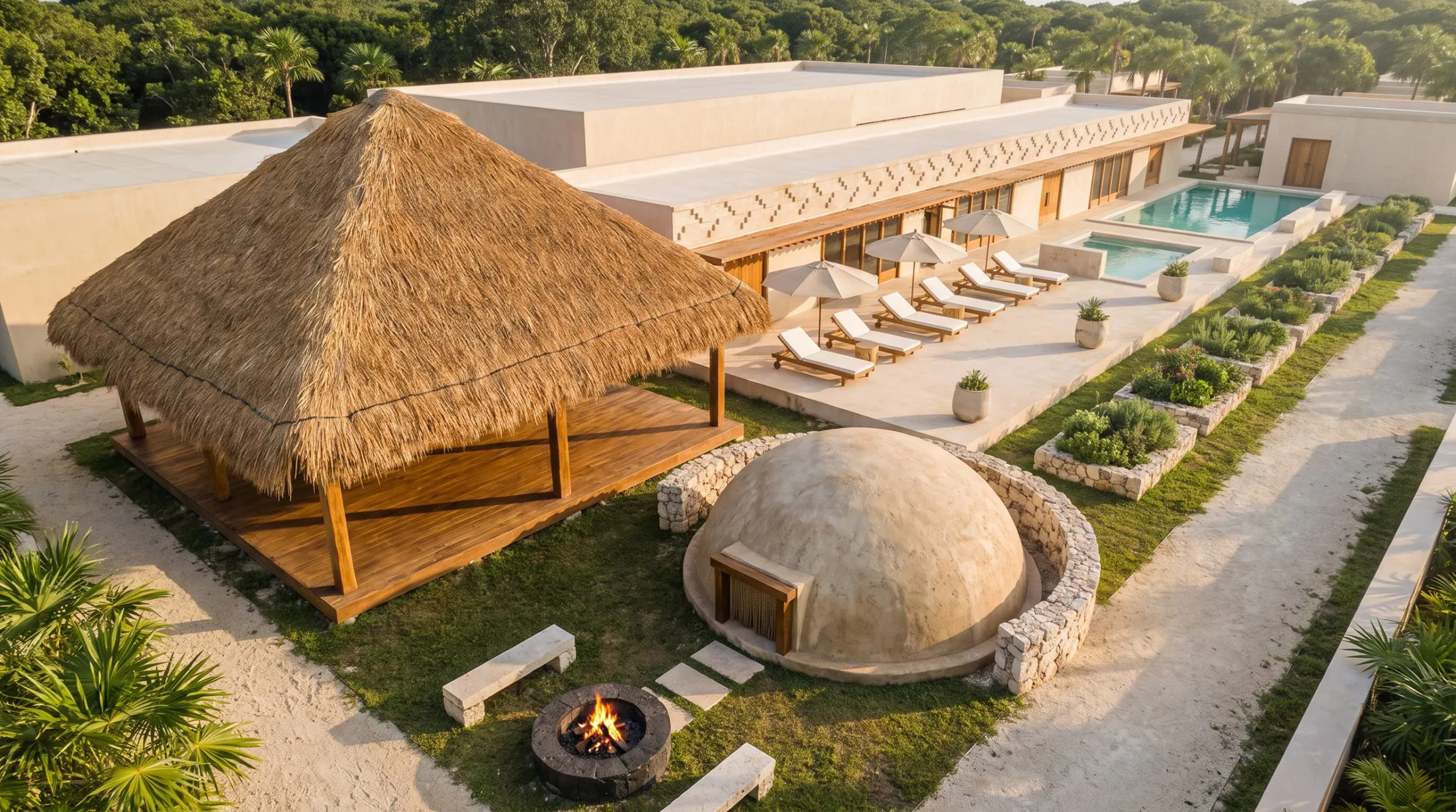 Temazcal de piedra, shala con techo de huano y jardín medicinal