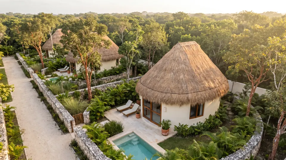 Villa Maya elíptica con techo de huano y alberca de inmersión
